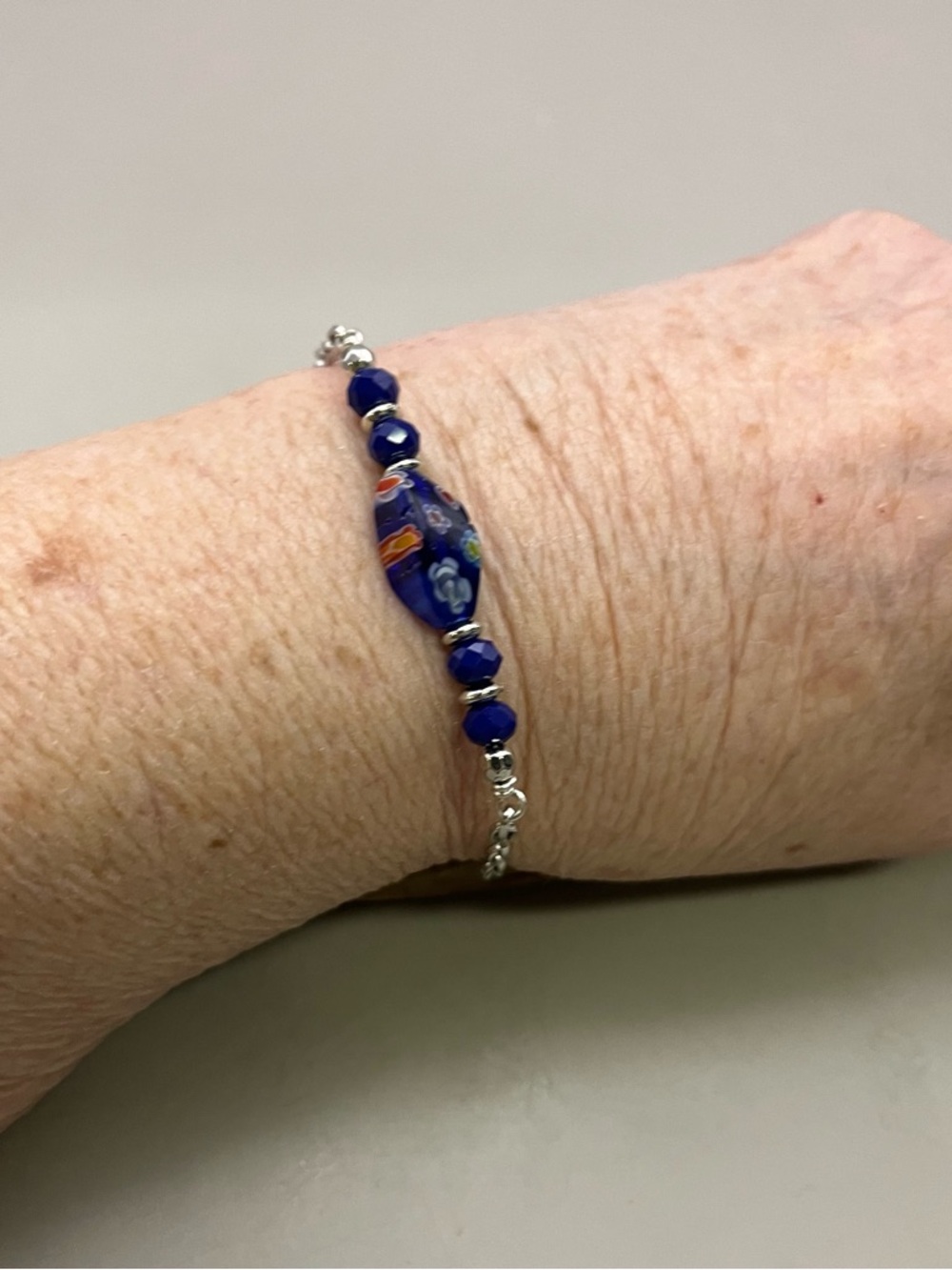 Handmade Blue Millefiori Glass Bead Bracelet - Women's Jewelry